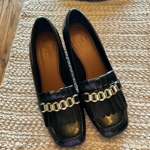 ASOS DESIGN Spencer mid-heeled chain loafers in black size 9